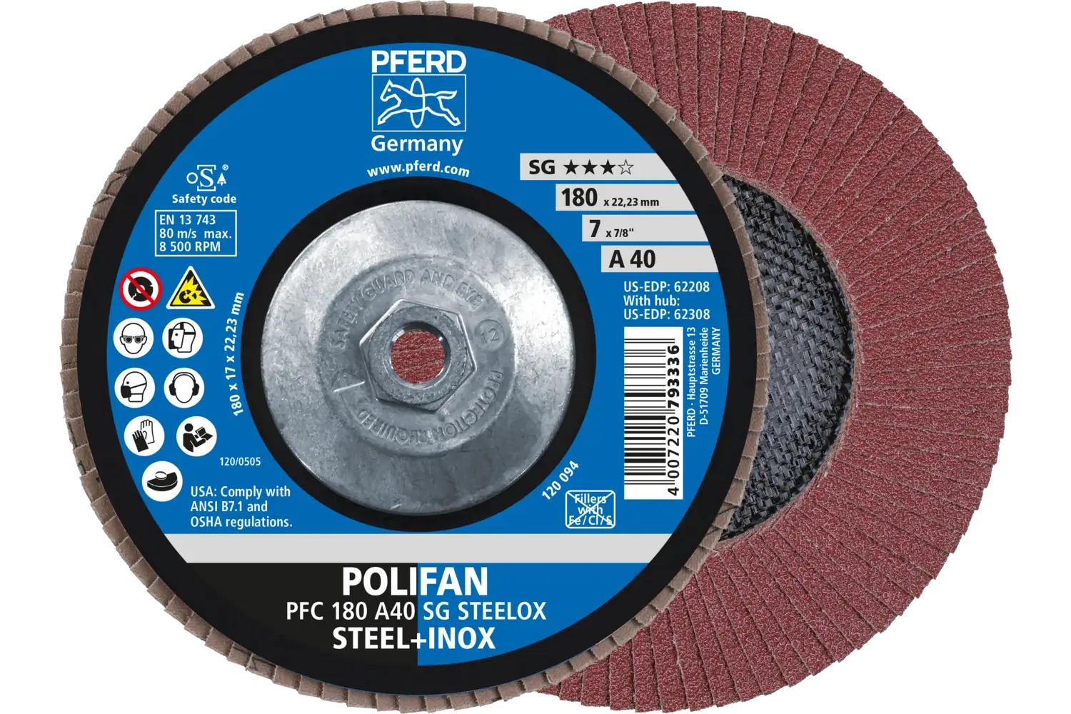 Picture of Pferd Flap Disc, 7" x 5/8-11, A SG Steelox, 40 Grit, T29, Conical, Aluminum oxide